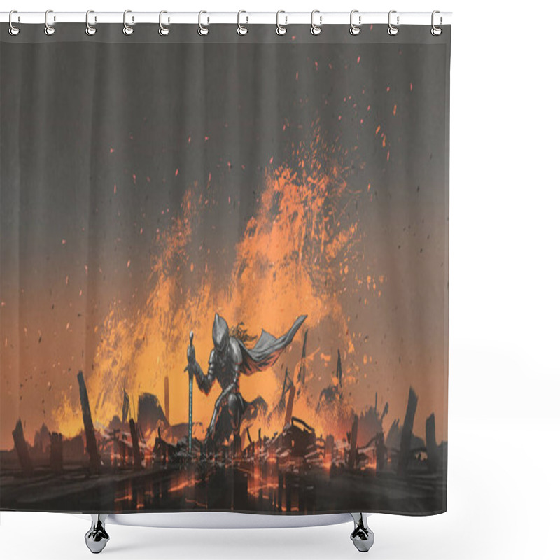 Personality  Knight With The Magic Sword Sitting On The Fire, Digital Art Style, Illustration Painting Shower Curtains