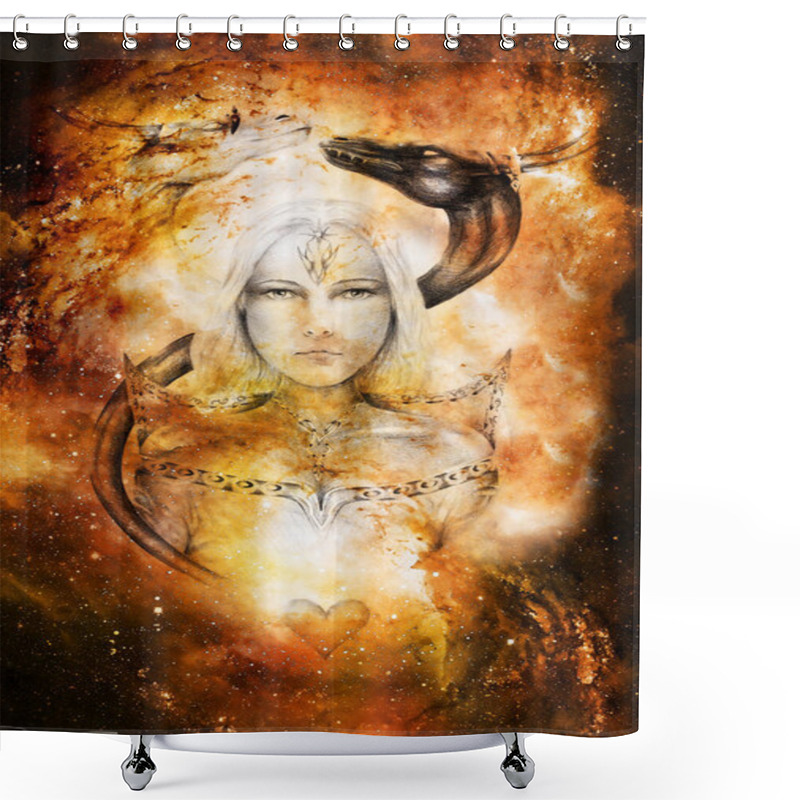 Personality  Drawing Of Mystical Young Woman In Historic Dress With Two Dragon Heads Above Her. Cosmic Space, Shower Curtains