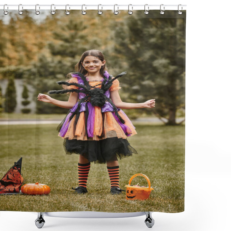 Personality  Happy Girl In Halloween Costume With Spider Standing Near Pumpkin, Pointed Hat And Candy Bucket Shower Curtains