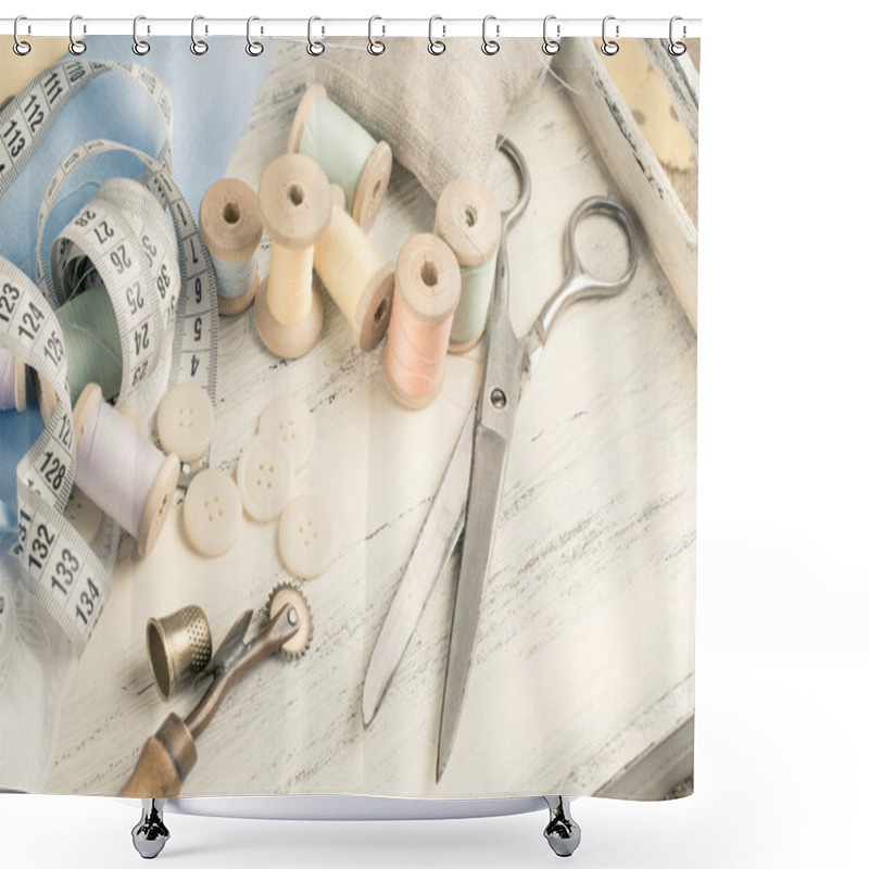 Personality  Set Of Reel Of Thread, Scissors, Buttons, Fabric And Pins For Se Shower Curtains