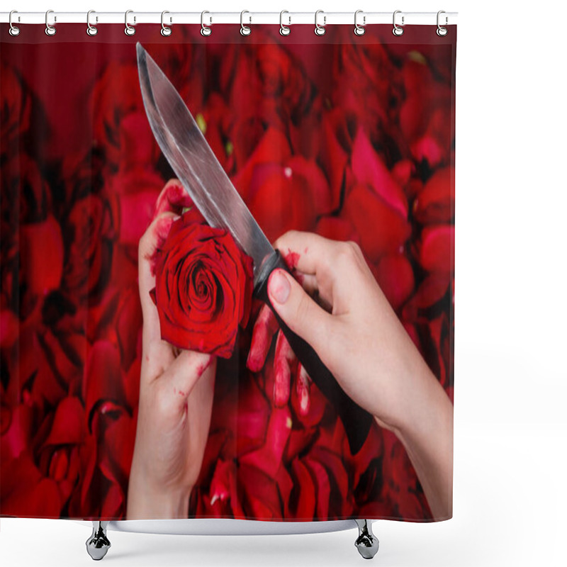 Personality  Close-up Of Hands In Blood Holding A Knife And A Rose Bud, Against A Background Of Roses And Petals. Shower Curtains