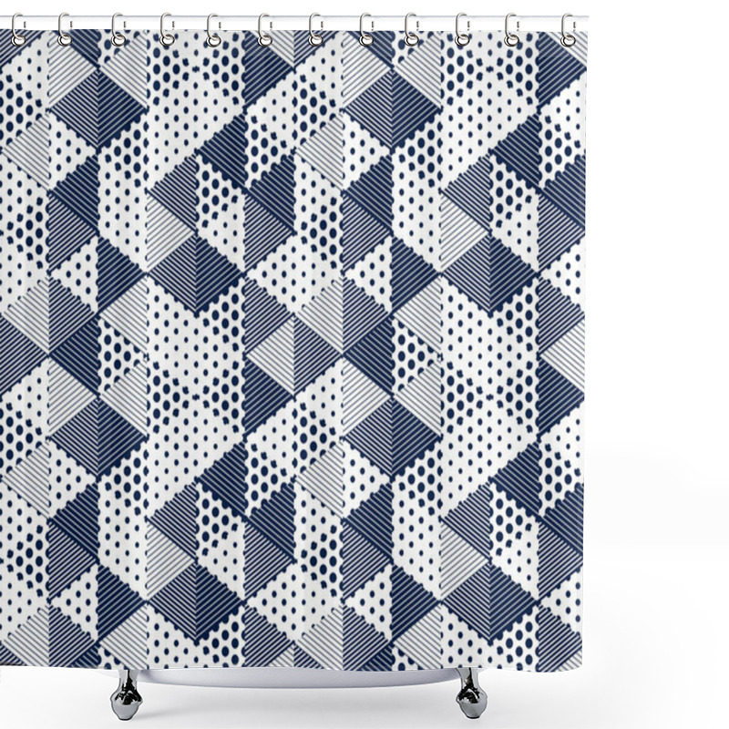 Personality  3D Dotted Cubes Seamless Pattern Vector Background, Dots And Lines Triangles Dimensional Blocks, Architecture And Construction, Geometric Design. Shower Curtains