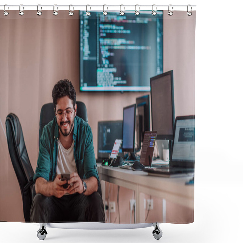 Personality  A Programmer Diligently Testing Smartphone Applications While Sitting In Their Office. High Quality Photo Shower Curtains