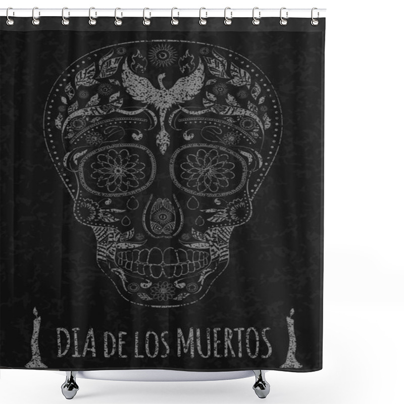 Personality  Dia De Muertos Tattoo Skull Day Of The Dead Monochrome. Flyer Template. Stone Texture Shower Curtains