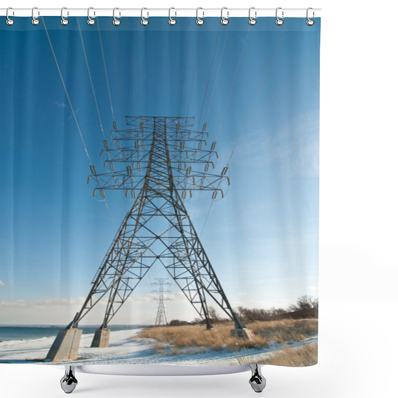 Personality  Electrical Transmission Tower (Electricity Pylon) Beside A Lake Shower Curtains