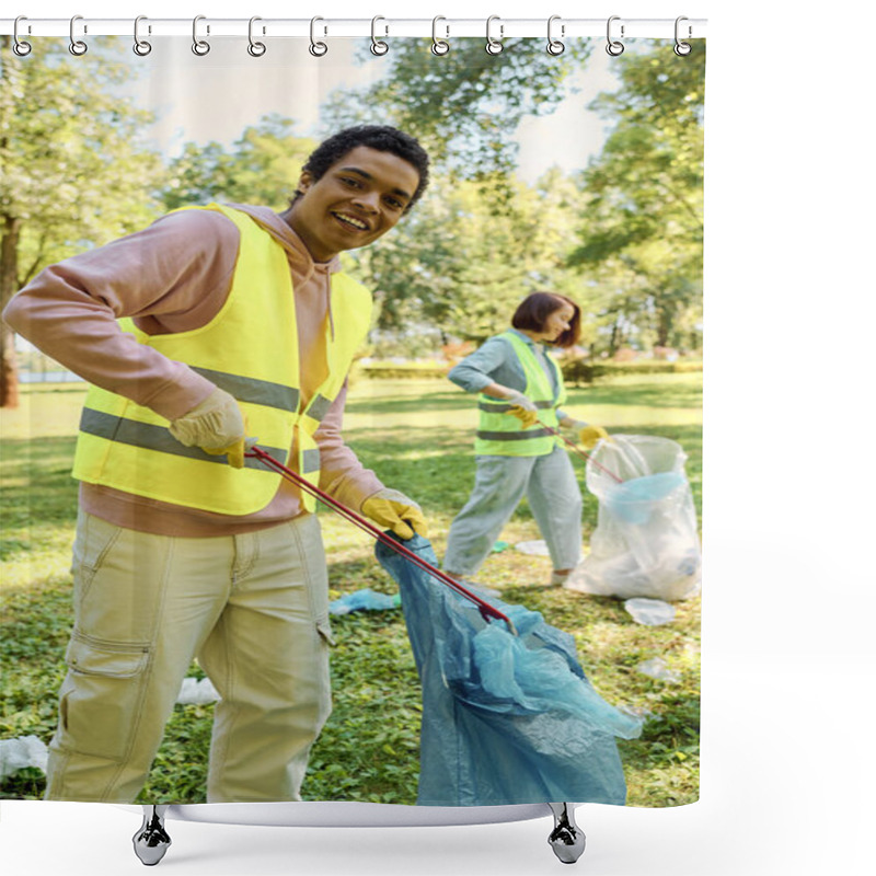 Personality  Diverse Couple In A Yellow Vests Holding A Blue Bag While Cleaning A Park Shower Curtains