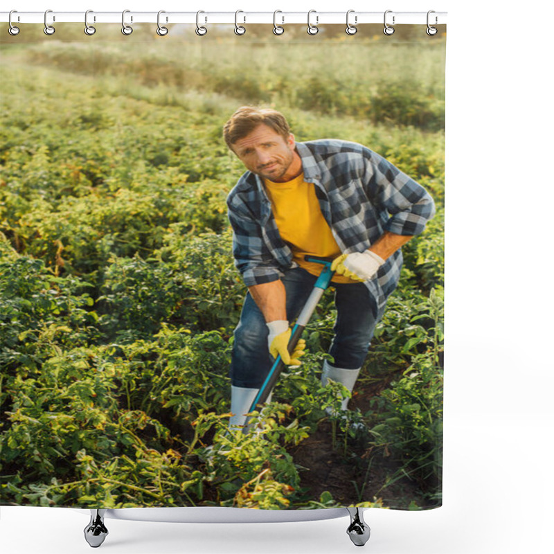 Personality  Rancher In Checkered Shirt, Gloves And Rubber Boots Digging In Field While Looking At Camera Shower Curtains