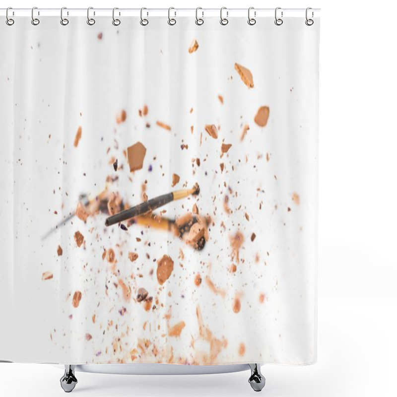 Personality  Crushed Cosmetic Powder With Makeup Brushes Falling Isolated On White Shower Curtains