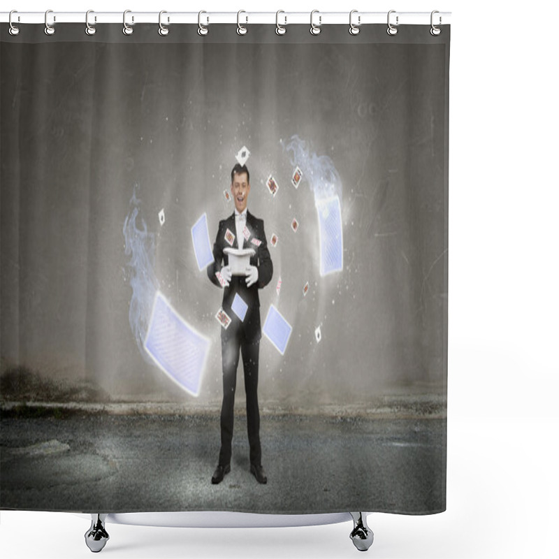 Personality  Businessman Demonstrating Magic . Mixed Media Shower Curtains