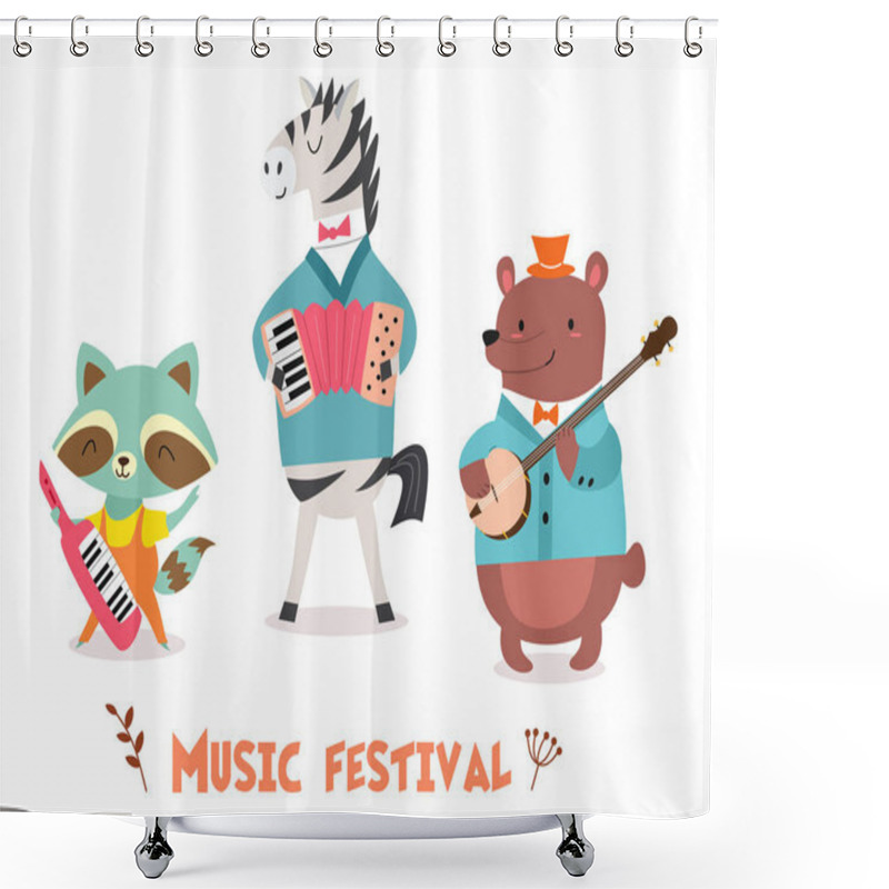 Personality  Stylish Card Or Poster With Cute Animal Band In Cartoon Style.Vector Illustration With Animal Musicians In Music Festival. Shower Curtains