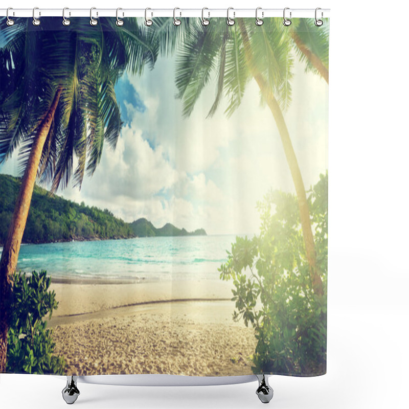 Personality  Sunset On Beach, Mahe Island, Seychelles Shower Curtains