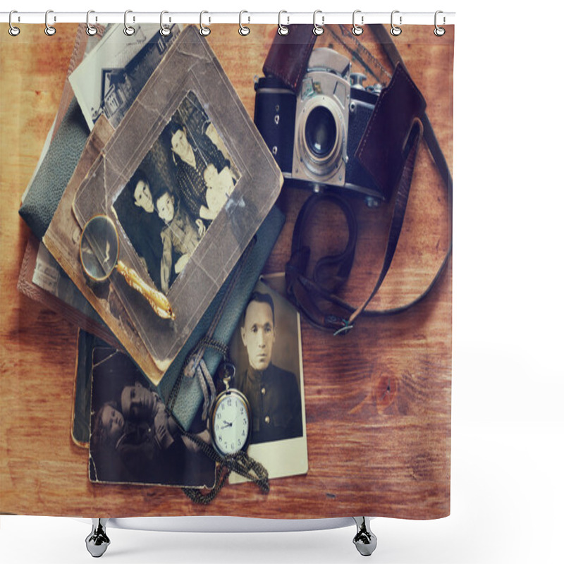 Personality  Top View Of Old Camera, Antique Photographs And Old Pocket Clock Shower Curtains