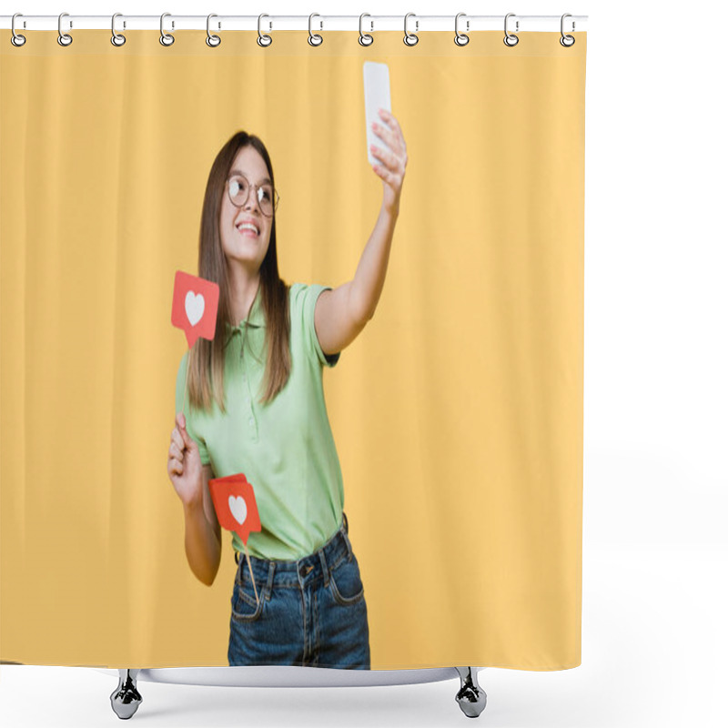 Personality  Cheerful Teenager Holding Paper Heart On Stick And Taking Selfie Isolated On Yellow Shower Curtains