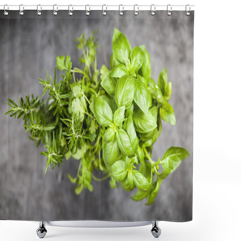 Personality  Fresh Herbs On Grey Background Shower Curtains