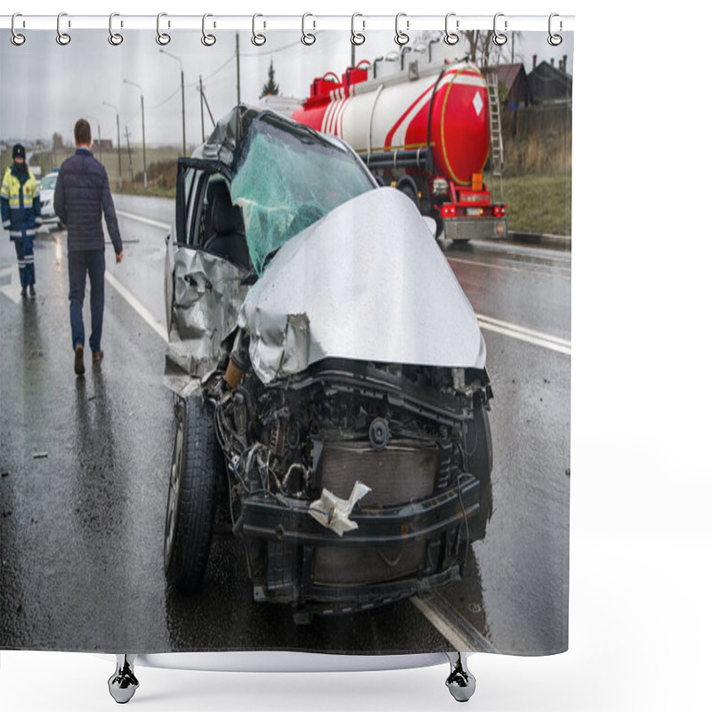 Personality  Accident On A Slippery Road In A Bus And Car At Shallow Depth Of Field Shower Curtains