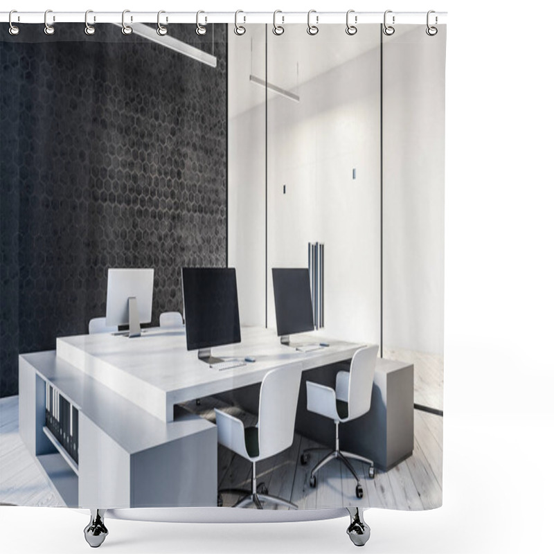 Personality  Interior Of A Modern Office With Black Honeycomb Pattern Walls, Glass Doors And Beige Computer Tables. Mock Up 3d Rendering Shower Curtains