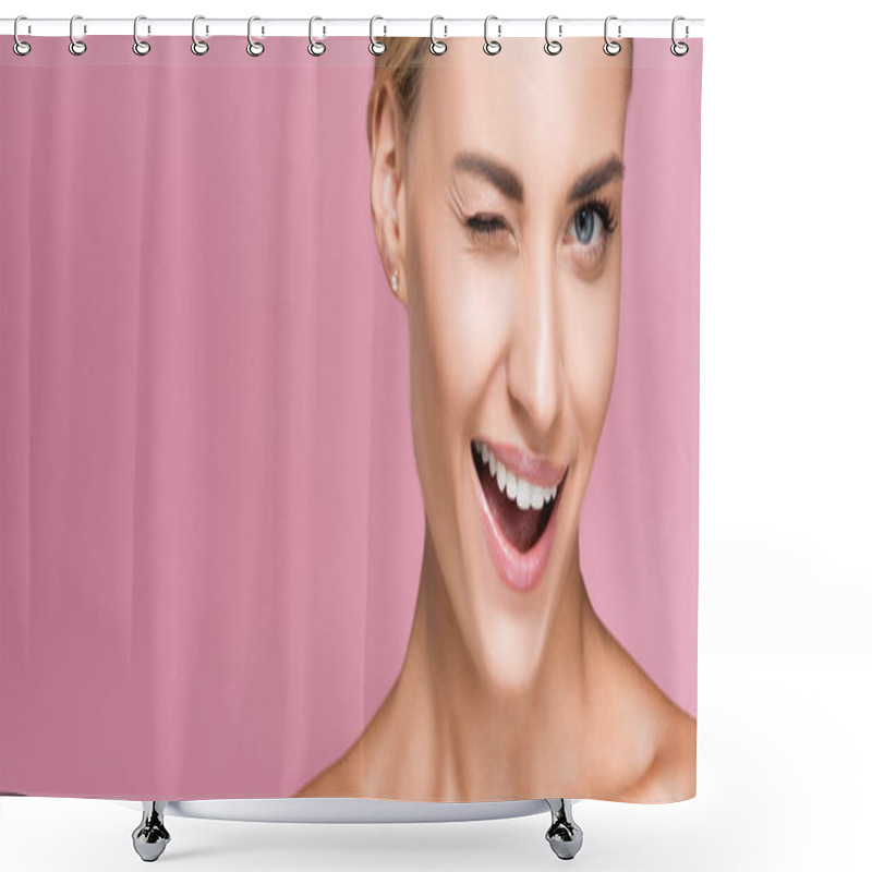 Personality  Beautiful Blonde Woman With Perfect Skin Winking Isolated On Pink, Banner Shower Curtains