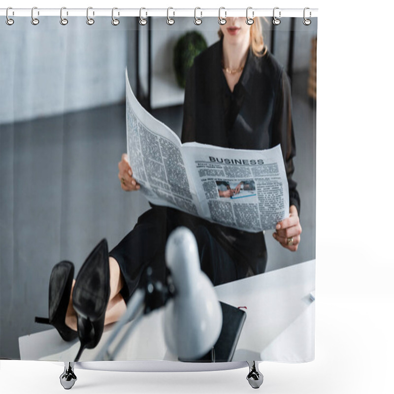 Personality  Cropped View Of Businesswoman In Black Clothes Sitting At Table And Reading Newspaper Shower Curtains