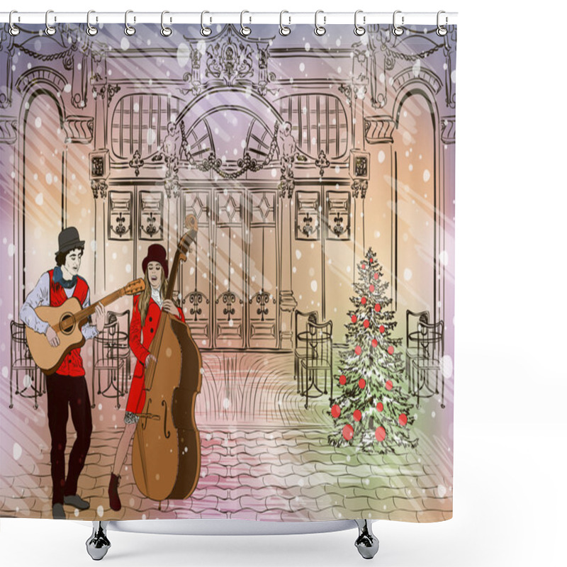 Personality  Christmas Street Performers In A Snowy City Shower Curtains