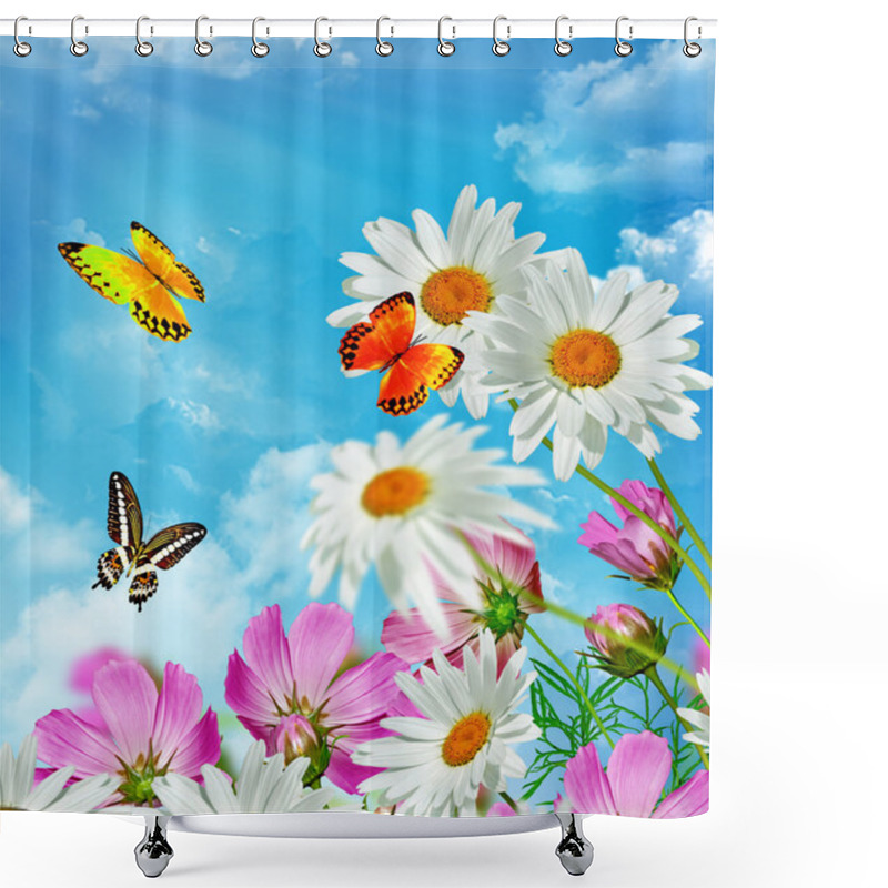 Personality  Cosmos Flowers On A Background Of Blue Sky With Clouds Shower Curtains