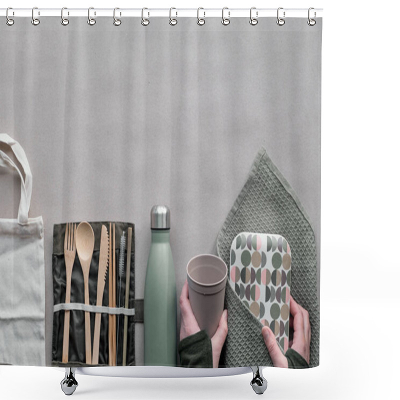 Personality  Creative Top View, Zero Waste Packed Lunch Concept, Takeaway Lunch Box Set With Bamboo Cutlery, Reusable Box, Cotton Bag And Hand With Coffee-to-go Cup Above On Brown Paper. Sustainable Lifestyle. Shower Curtains