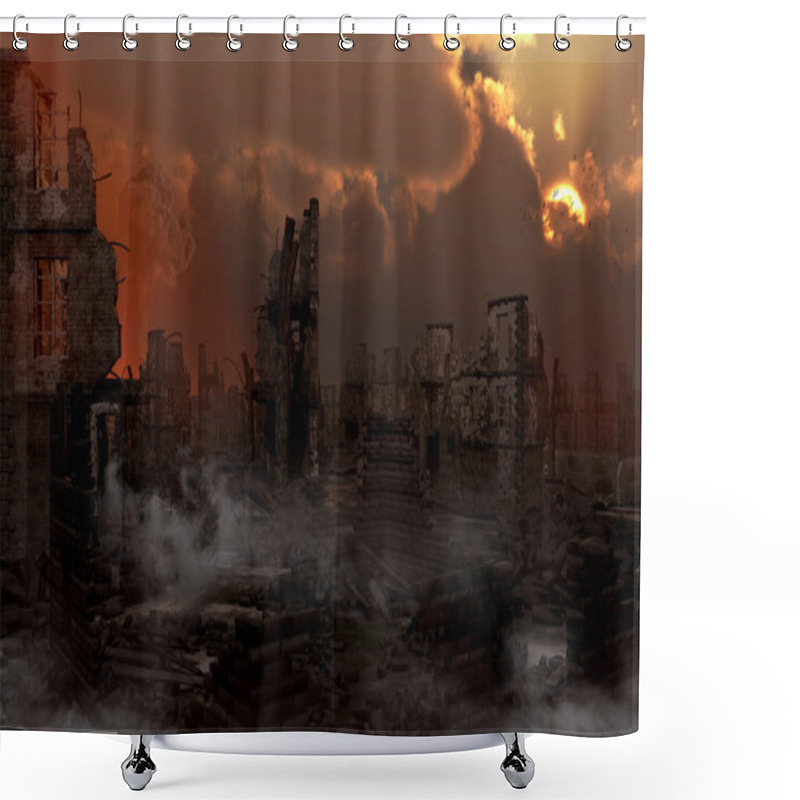 Personality  Ruined City With Smoke Shower Curtains