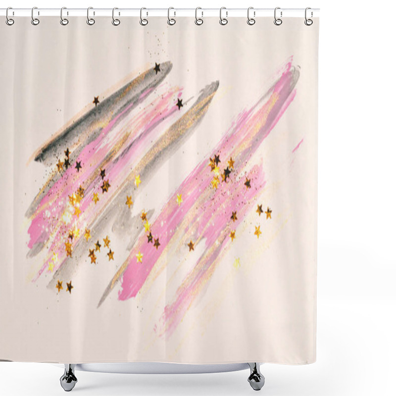 Personality  Golden Glitter And Glittering Stars On Abstract Pink, Black And Gold Watercolor Splashes In Vintage Nostalgic Colors. Shower Curtains