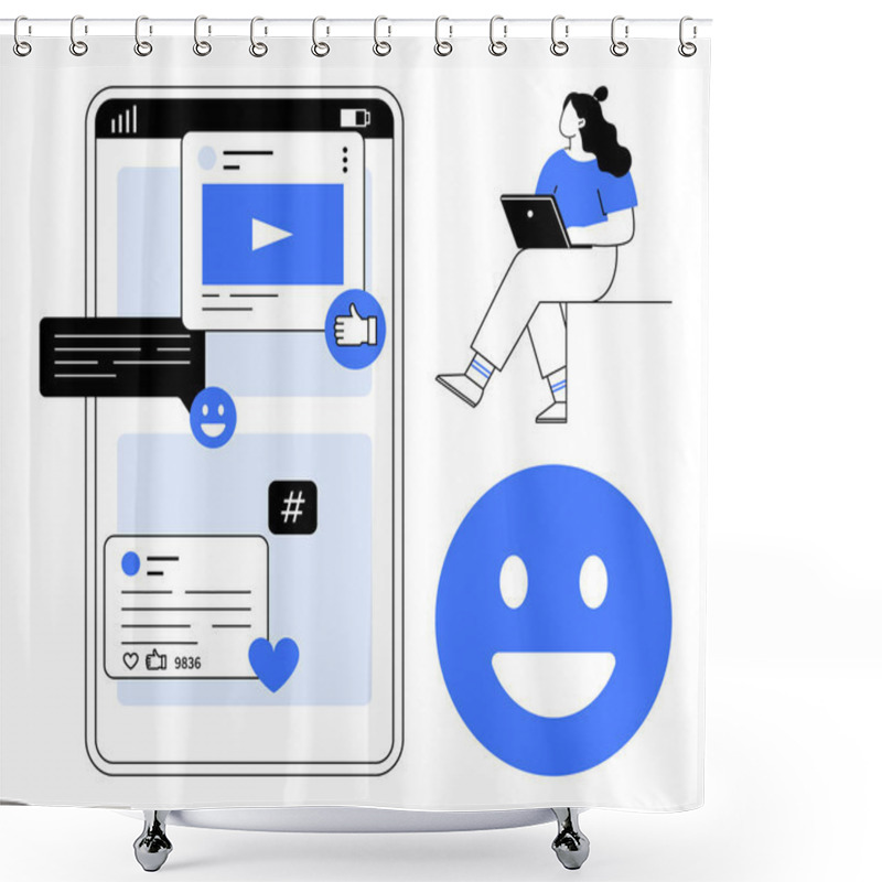 Personality  Large Smartphone Screen Displaying Various Social Media Interactions Including Comments, Likes, And Metadata Tags. Person With Laptop, Big Happy Face. Ideal For Digital Marketing, Online Shower Curtains