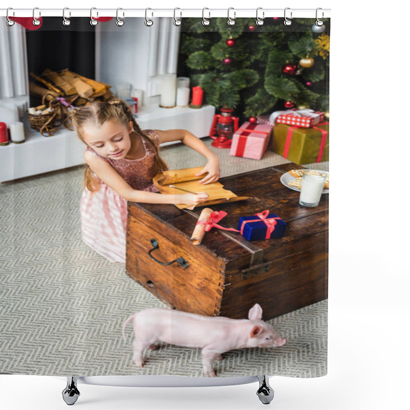 Personality  High Angle View Of Cute Little Child Writing Wishlist And Looking At Piglet At Christmas Time Shower Curtains