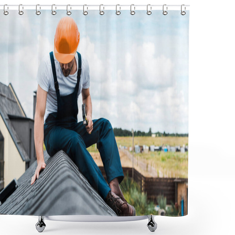 Personality  Selective Focus Of Handyman In Orange Helmet Sitting On Roof And Holding Hammer  Shower Curtains