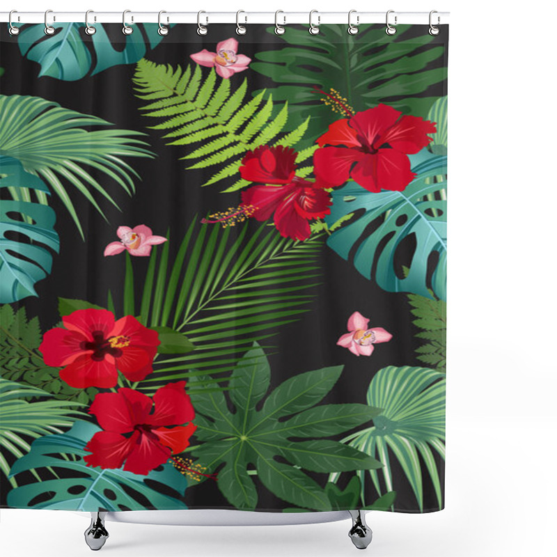 Personality  Seamless Vector Pattern Tropical Leaves With Red Hibiscus Flower And Pink Orchid On Black Background Shower Curtains