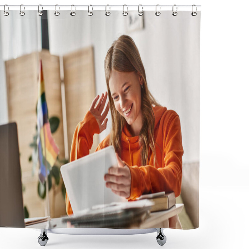 Personality  Cheerful Teenage Girl With Tablet Saluting During E-learning Process Near Lgbtq Pride Flag On Desk Shower Curtains