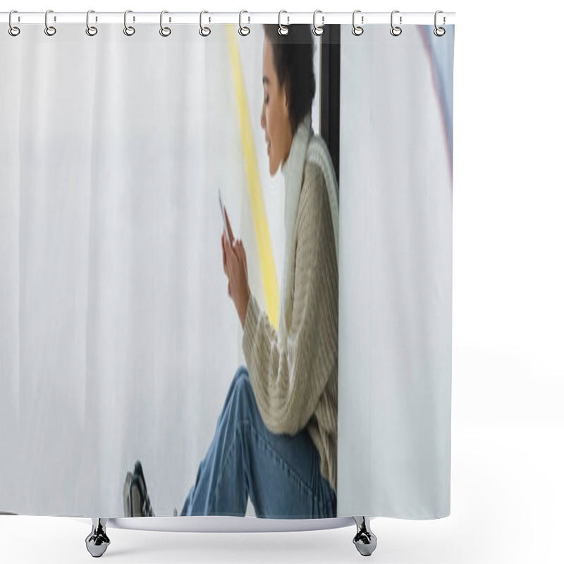 Personality  Side View Of African American Woman In Warm Sweater Using Smartphone On Ice Rink, Banner  Shower Curtains