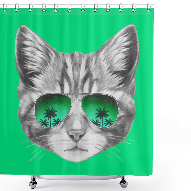 Personality  Cat With Mirror Sunglasses Shower Curtains