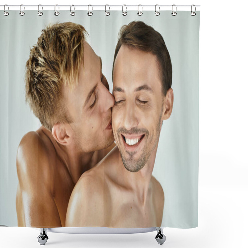 Personality  A Joyful Expression Radiates As One Partner Kisses The Cheek Of The Other, Celebrating Their Love. Shower Curtains