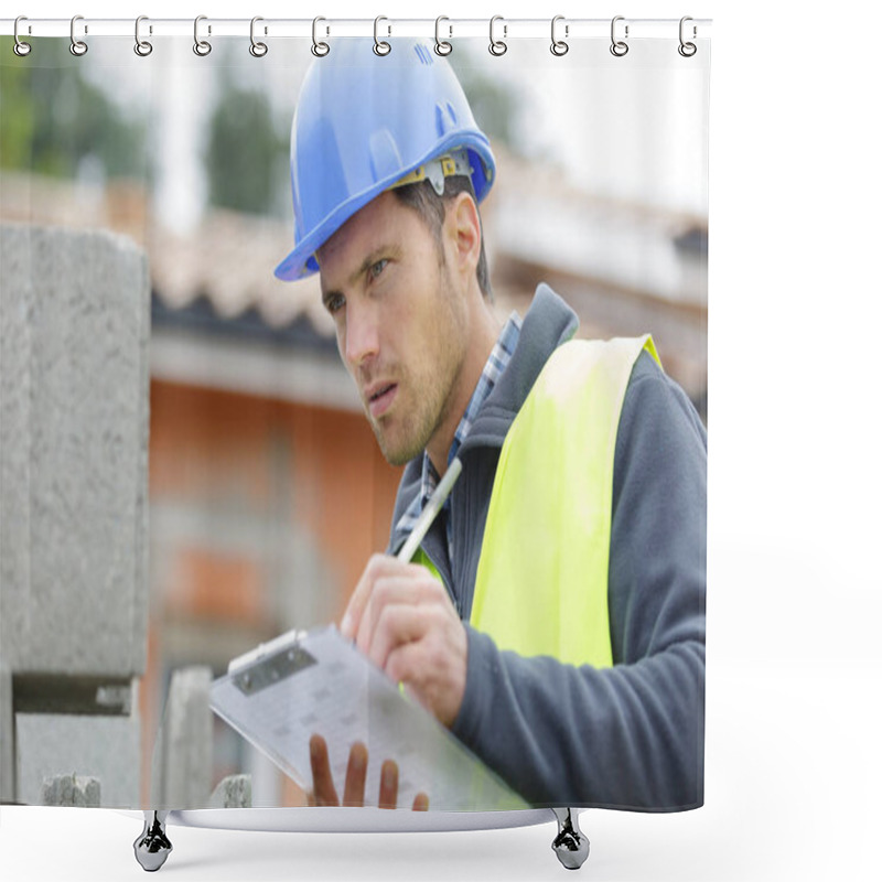 Personality  Handsome Builder Writing On Clipboard Shower Curtains