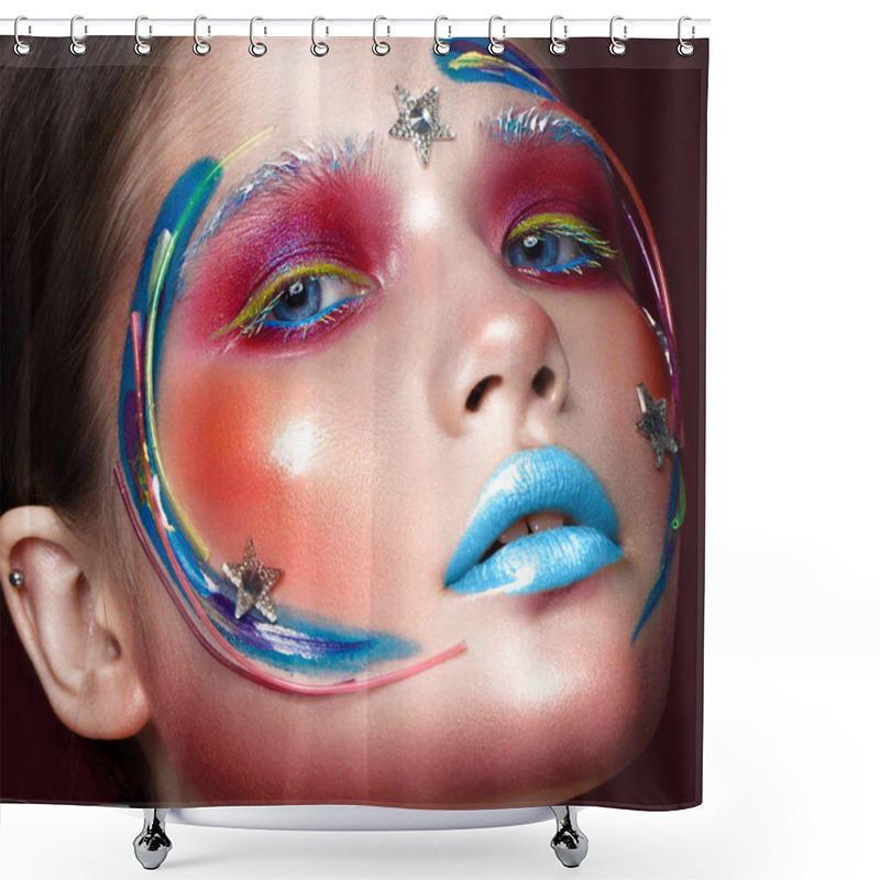 Personality  Beautiful Girl With Creative Make-up In Pop Art Style. Beauty Face. Shower Curtains