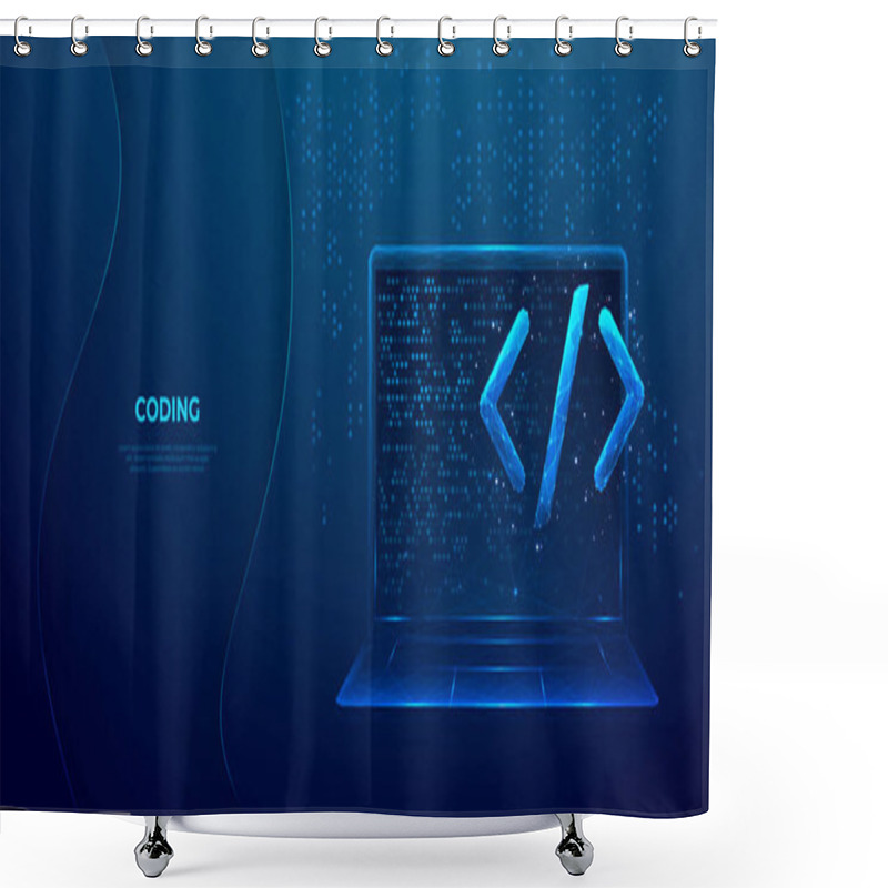 Personality  Abstract Programming Code Icon On A Laptop Screen In Light Blue Low Poly Futuristic Style On Technology Background. Program And Software Development. Digital Web Code. Polygonal Vector Illustration. Shower Curtains