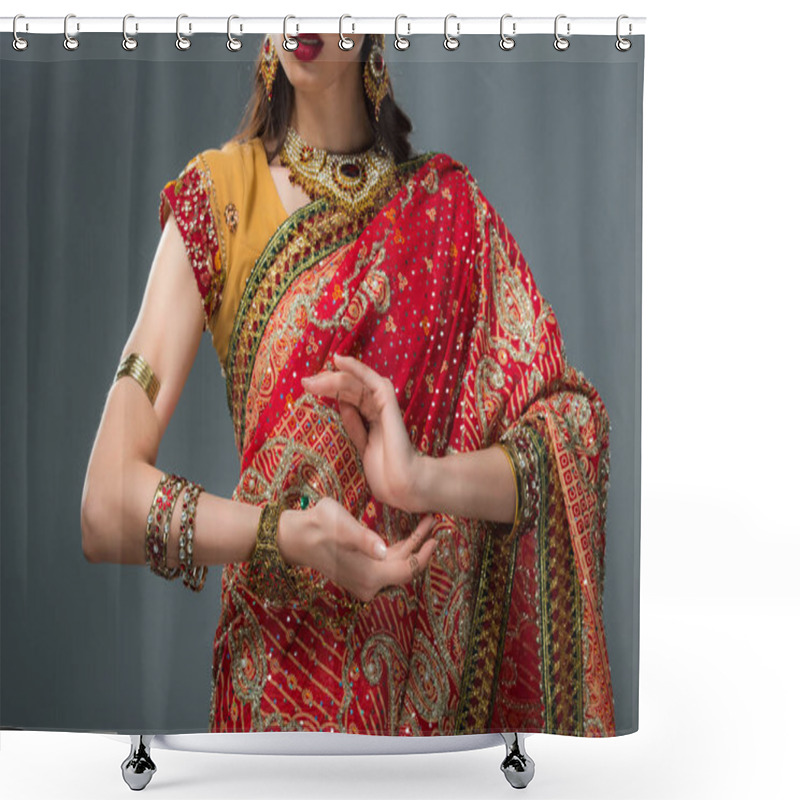 Personality  Cropped View Of Attractive Indian Woman Gesturing In Traditional Clothing, Isolated On Grey  Shower Curtains