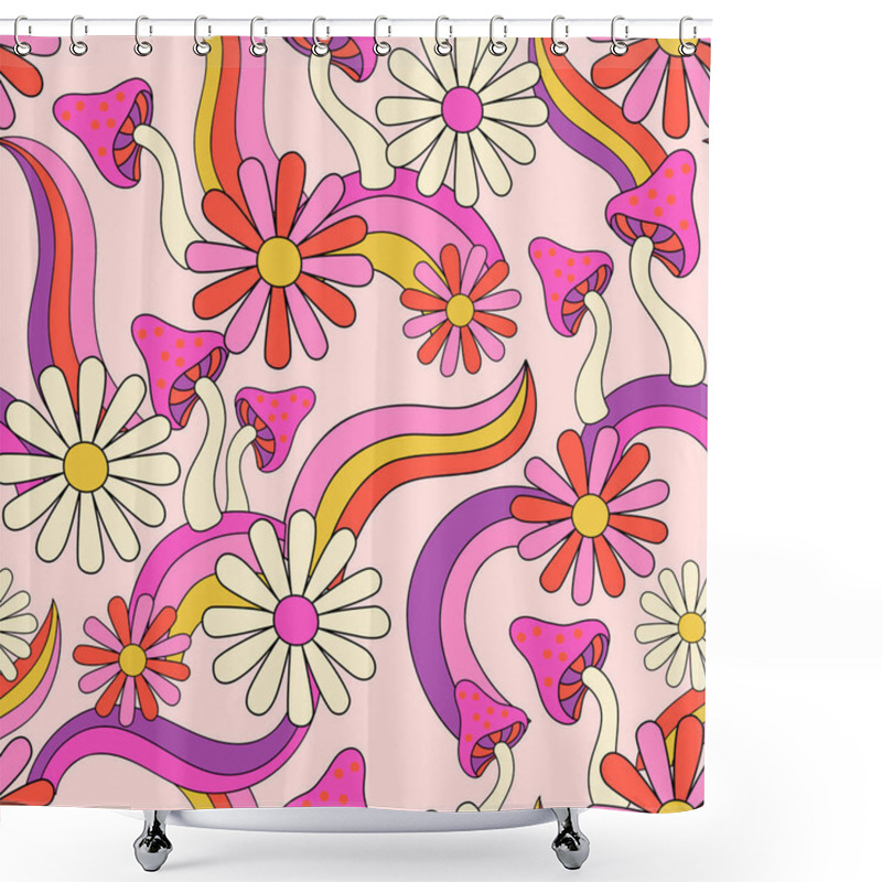 Personality  Psychedelic Floral Background In 70s 80s Retro Hippie Style. Fun Daisy Chamomile Flowers, Mushrooms, Rainbows Seamless Pattern. Vector Art Illustration For Contemporary Design, Groovy Floral Fabric Shower Curtains