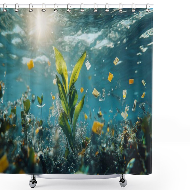 Personality  Marine Plants Struggle To Grow Amid Plastic Debris In Polluted Ocean Waters. This Image Is AI-generated. Shower Curtains