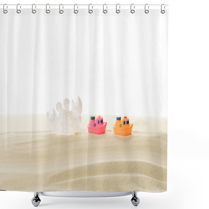 Personality  Toy Boats And Crab In Sand Isolated On White Shower Curtains