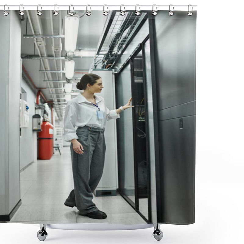 Personality  A Woman In A White Shirt Inspects Server Hardware While Ensuring Digital Security In A Tech Setting. Shower Curtains