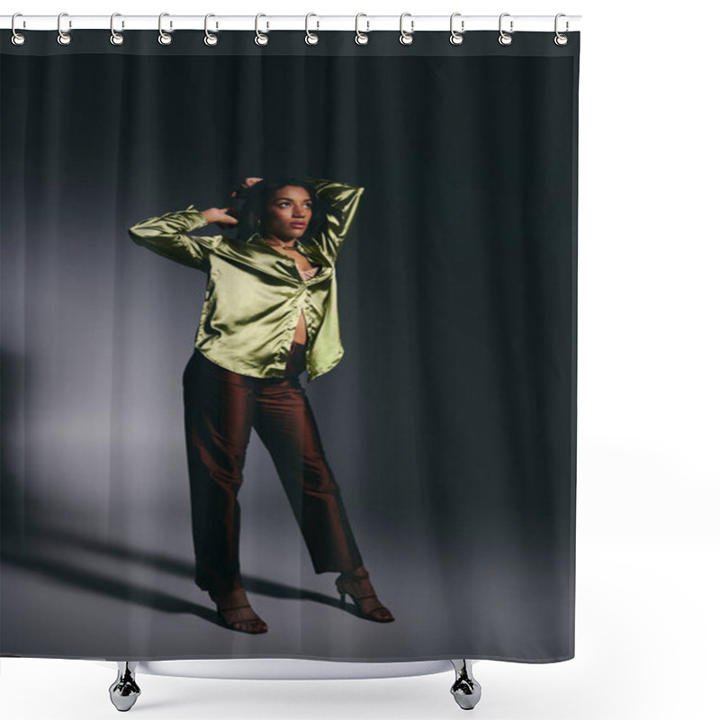 Personality  An Attractive Young African American Woman Showcases Style In A Green Silk Shirt While Posing. Shower Curtains