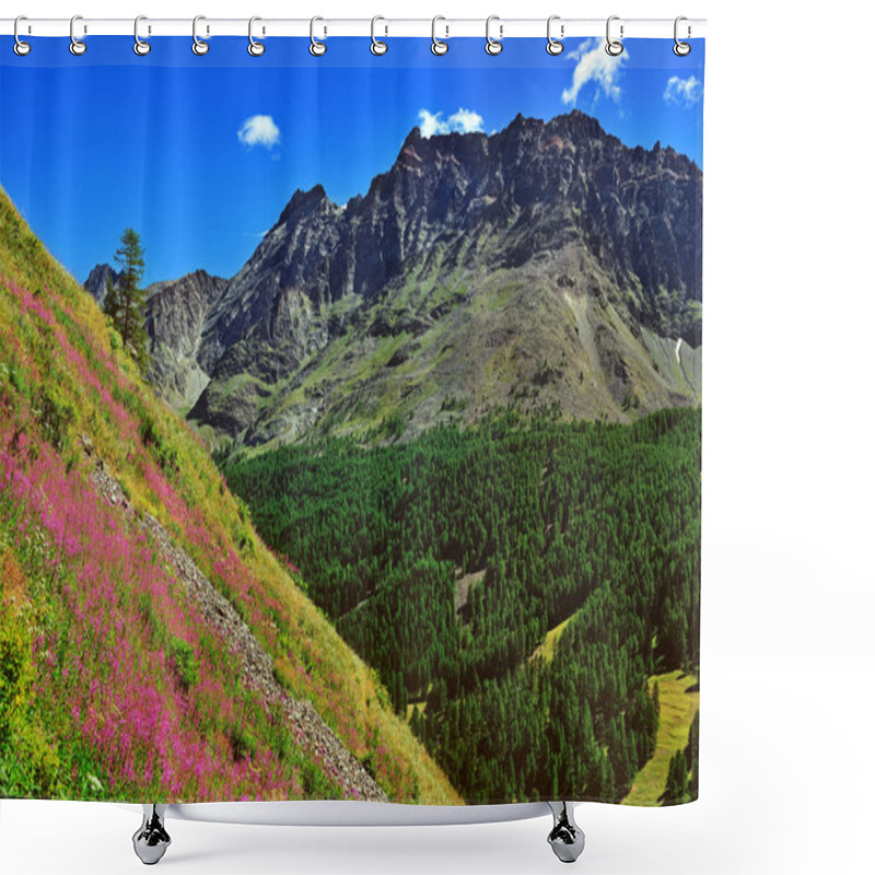 Personality  Alpien Mountains With Violet Flowers Shower Curtains