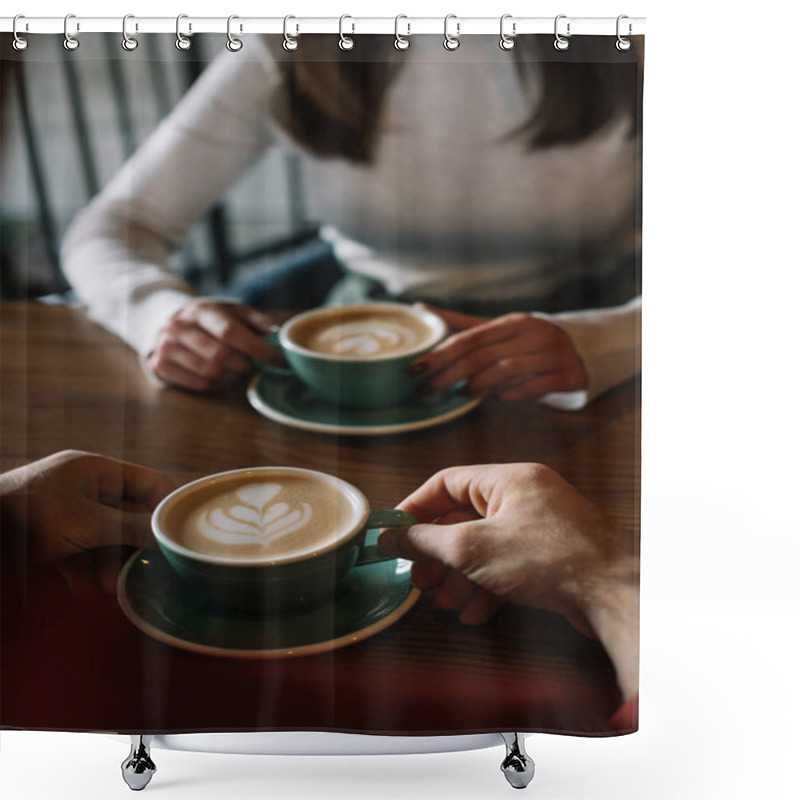 Personality  Cropped View Of Couple Drinking Cappuccino On Balcony In Coffee Shop Shower Curtains