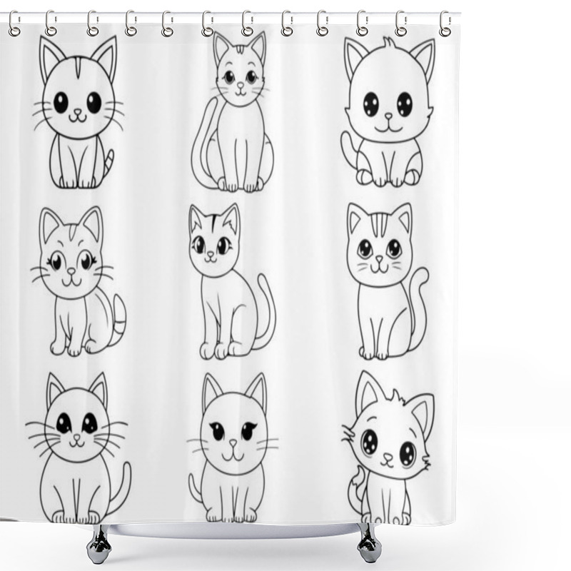 Personality  Cute Hand Drawn Cartoon Style Cat Line Art Bundle. Animal Flat Illustration For Children. Shower Curtains