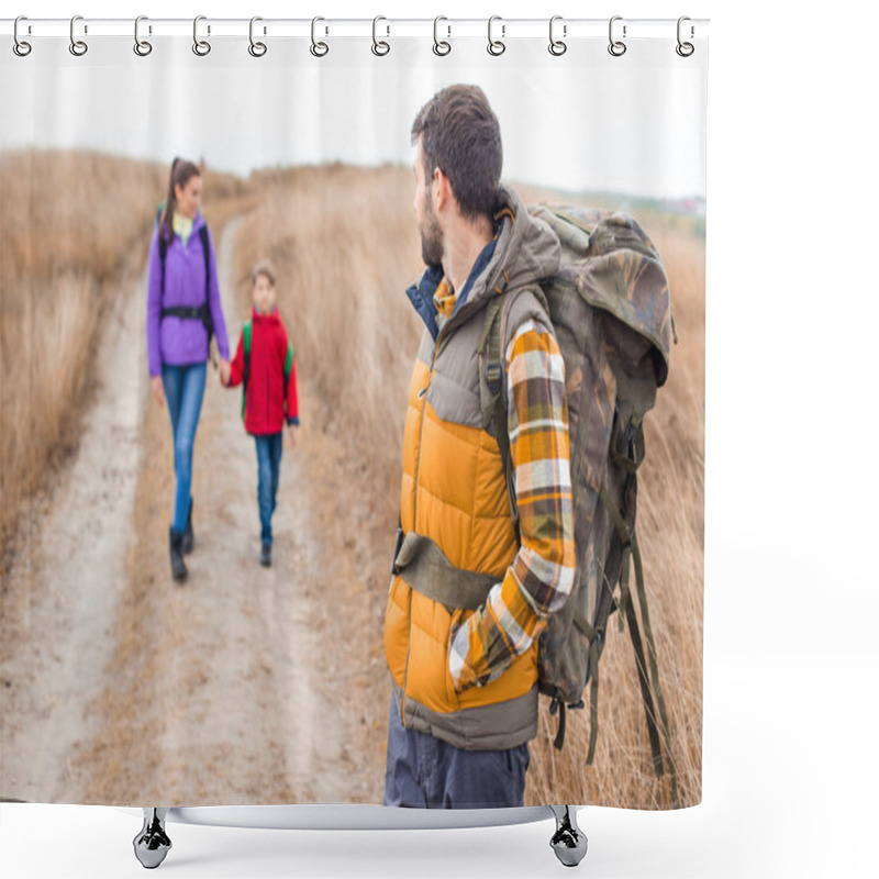 Personality  Man With Wife And Son Backpacking Shower Curtains