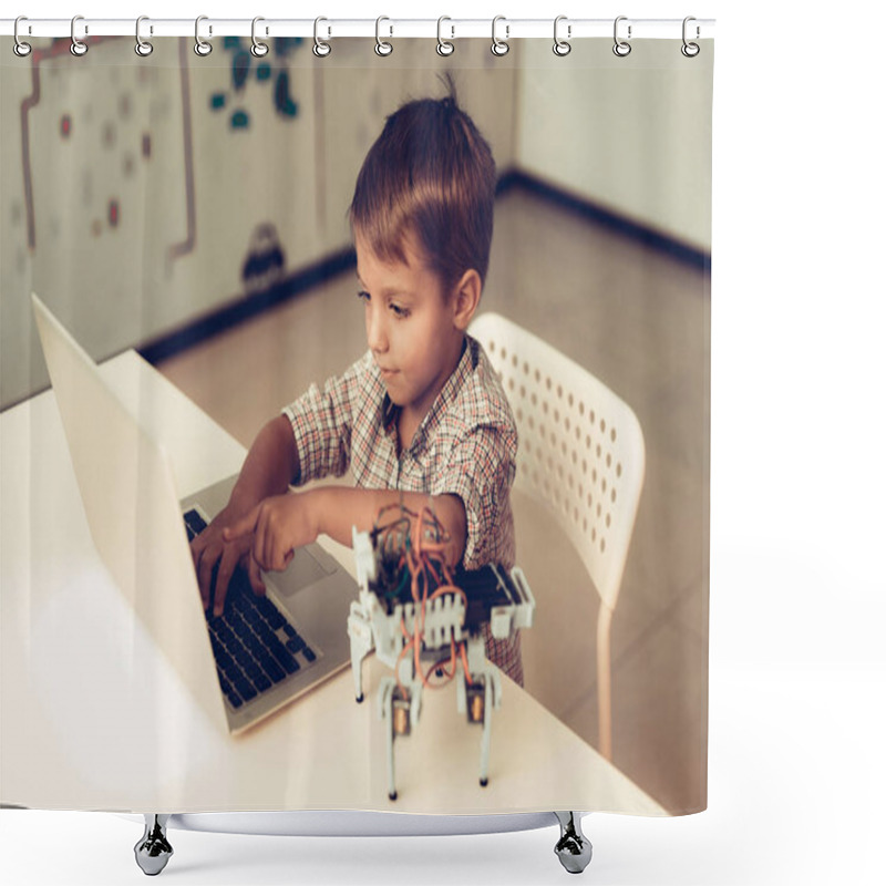 Personality  Little Boy In Shirt Programming Robot At Home. Young Boy In Shirt. Using Laptop. Modern Hobby Concept. Modern Technology. Robot Engineering Concept. Innovation For Fun. Teenager With Robor. Shower Curtains