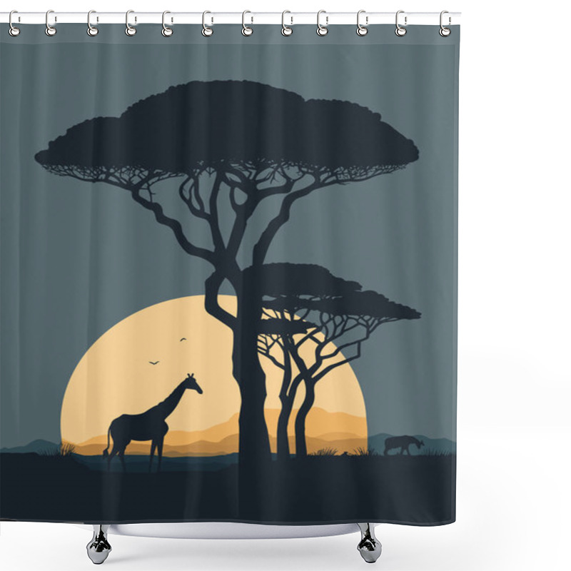 Personality  African Landscape With Trees And Giraffe Silhouette Vector Illustration Graphic Design Shower Curtains